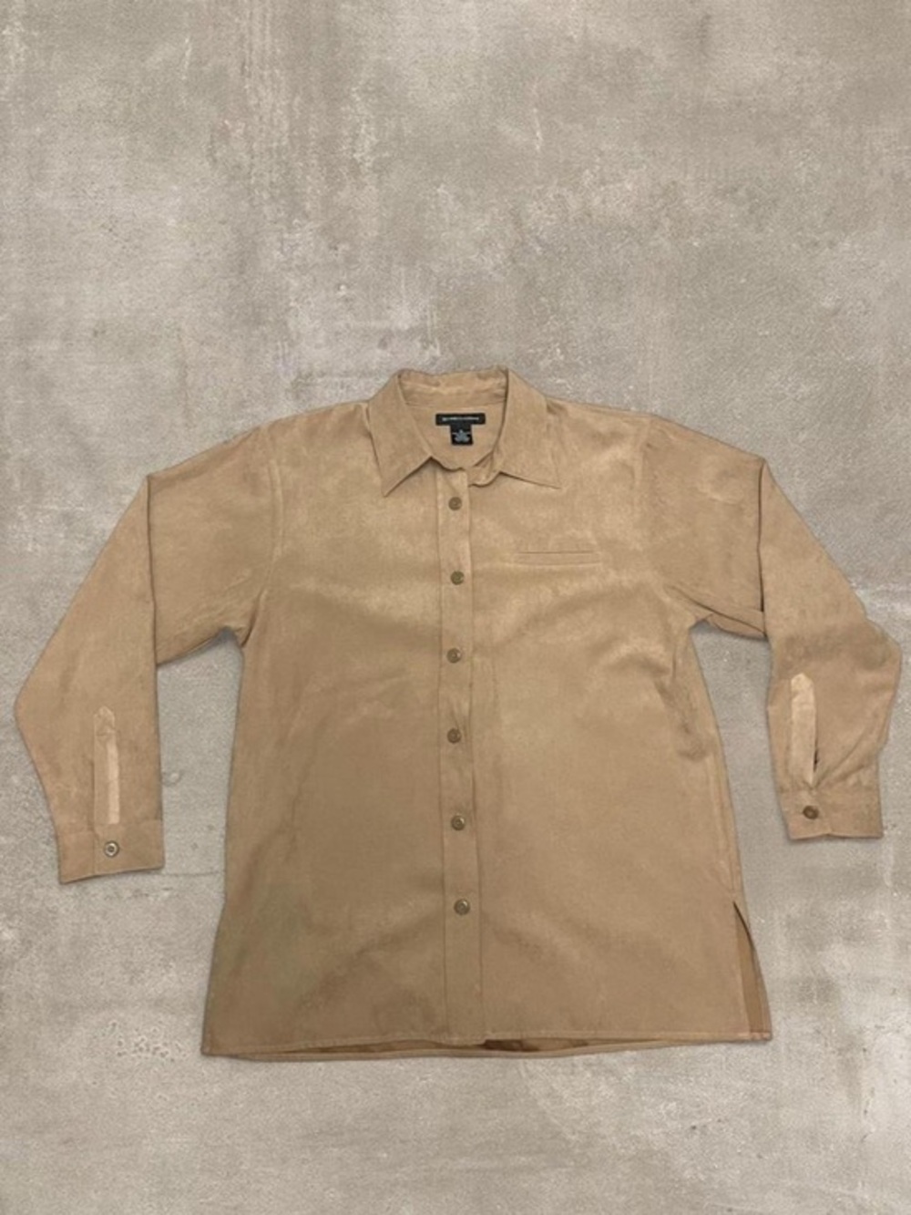 Faux Suede Button Up Shirt M Tan Long Sleeve Collared Soft Top